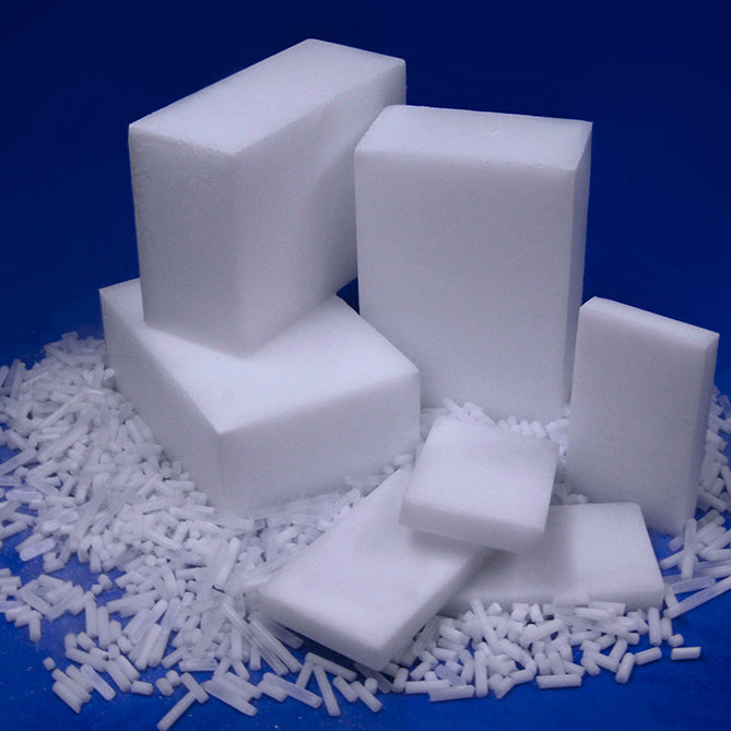 An image of dry ice blocks, dry ice slices, and 9mm diameter dry ice pellets.